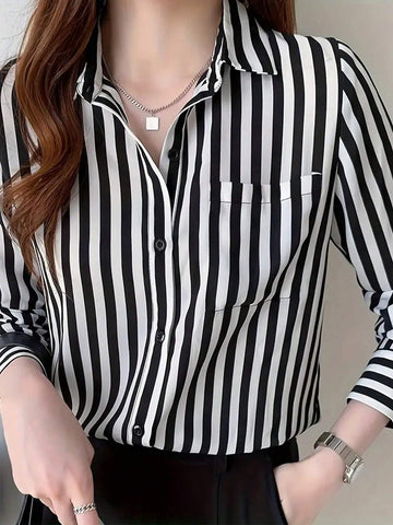 Striped Button Front Shirt, Casual Long Sleeve Lapel Shirt, Women's Clothing