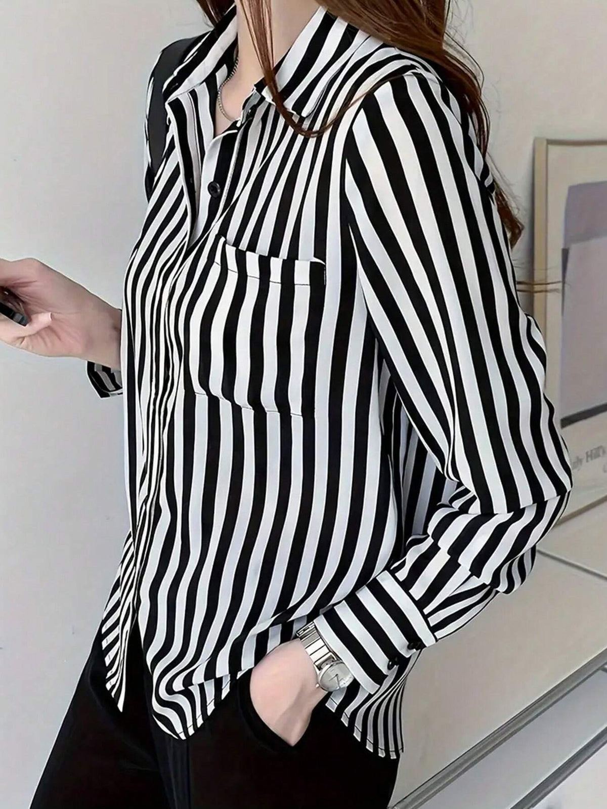 Striped Button Front Shirt, Casual Long Sleeve Lapel Shirt, Women's Clothing