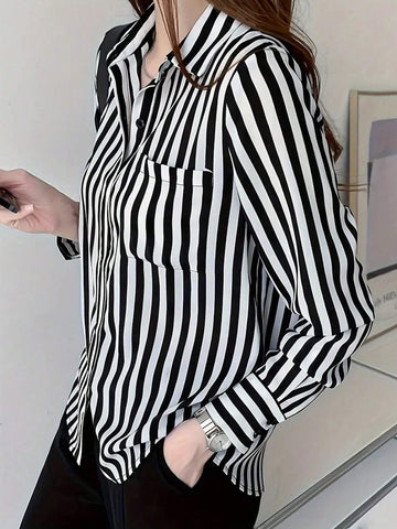 Striped Button Front Shirt, Casual Long Sleeve Lapel Shirt, Women's Clothing