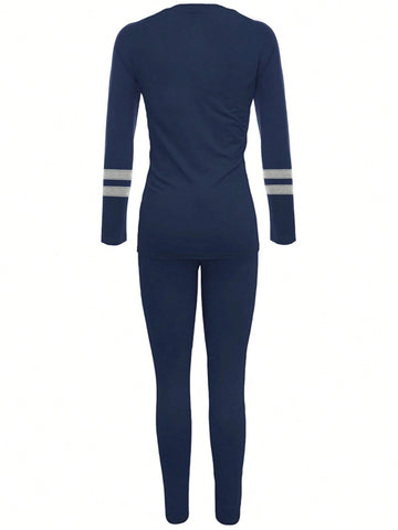 Striped Color Block Printed Sportwear Long Sleeve Top And Pant Set