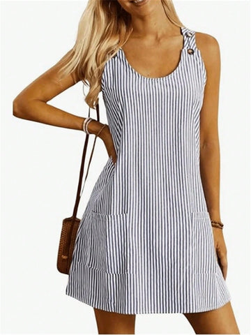 Striped Crew Neck Casual Sleeveless Pocket Dress