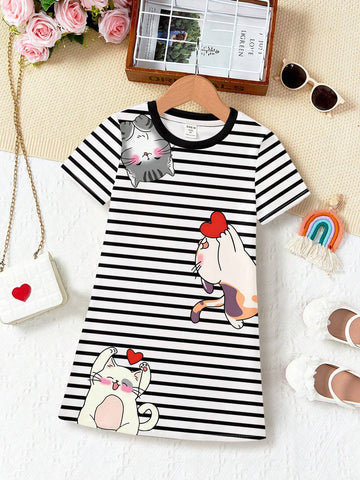 Striped, Cute Cat Patterned, Young Girl Summer Casual Short Sleeve Midi Dress