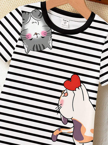 Striped, Cute Cat Patterned, Young Girl Summer Casual Short Sleeve Midi Dress