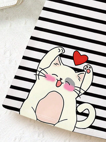 Striped, Cute Cat Patterned, Young Girl Summer Casual Short Sleeve Midi Dress