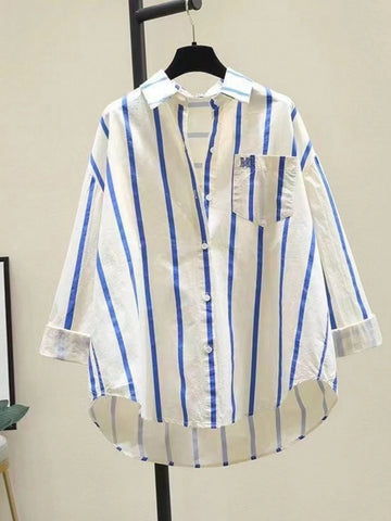 Striped Fashionable Dropped Shoulder Loose Patchwork Pocket Shirt