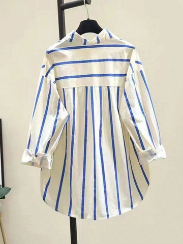Striped Fashionable Dropped Shoulder Loose Patchwork Pocket Shirt