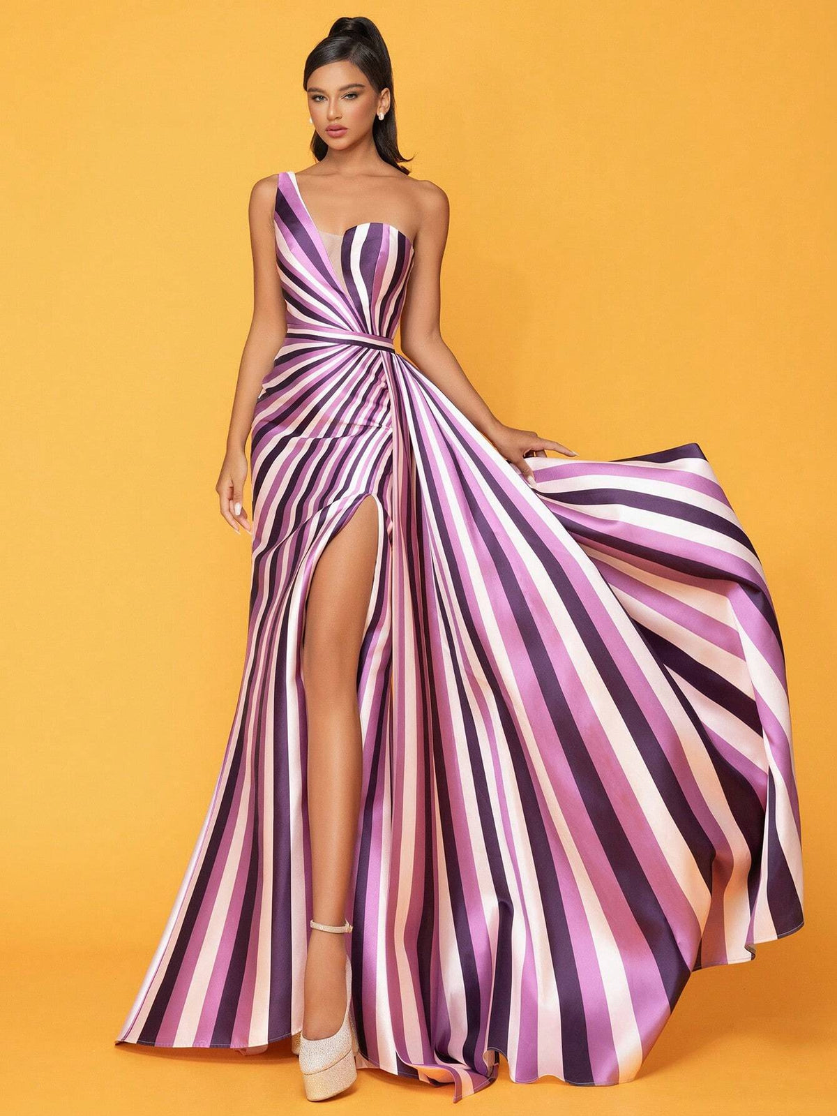 Striped One Shoulder High Slit Evening Dress