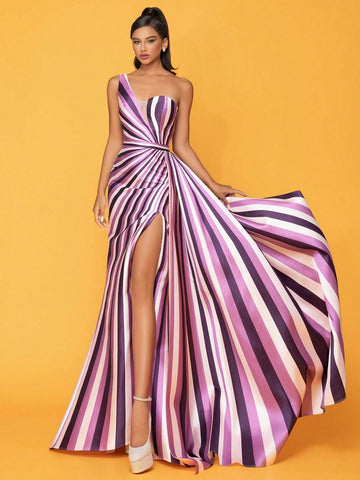 Striped One Shoulder High Slit Evening Dress