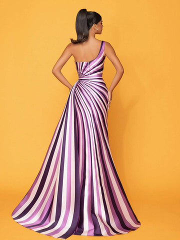 Striped One Shoulder High Slit Evening Dress