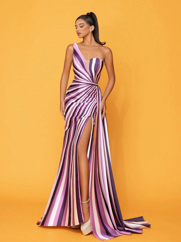 Striped One Shoulder High Slit Evening Dress