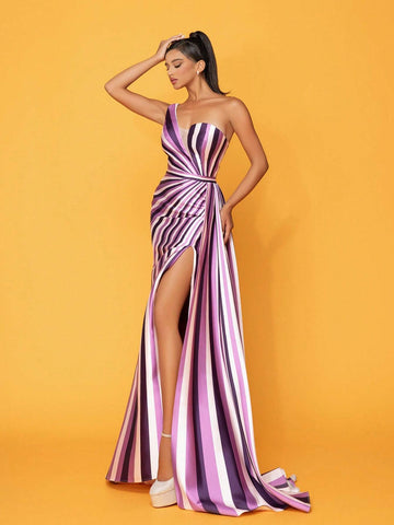 Striped One Shoulder High Slit Evening Dress