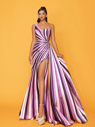 Striped One Shoulder High Slit Evening Dress