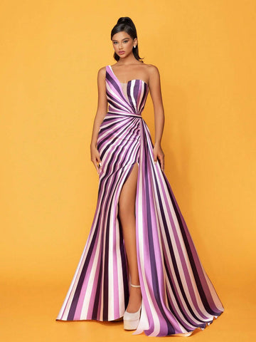 Striped One Shoulder High Slit Evening Dress