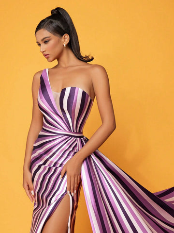 Striped One Shoulder High Slit Evening Dress