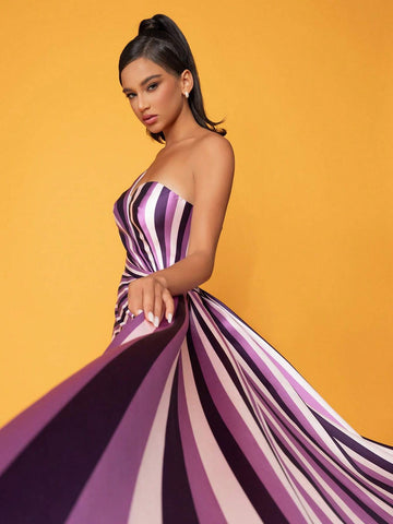 Striped One Shoulder High Slit Evening Dress