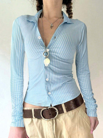 Striped Print Front Button Slim Fit Long Sleeve Shirt
