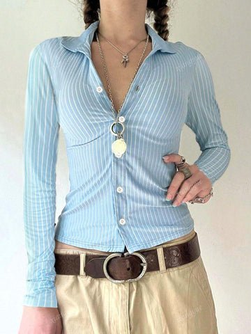 Striped Print Front Button Slim Fit Long Sleeve Shirt