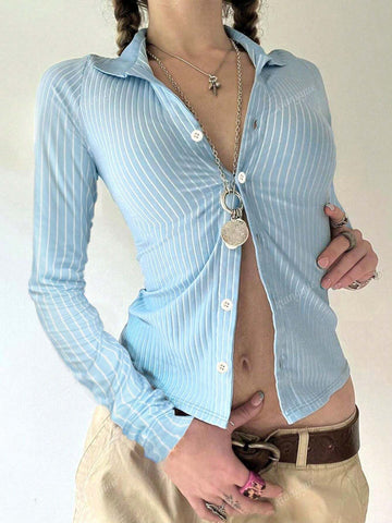Striped Print Front Button Slim Fit Long Sleeve Shirt