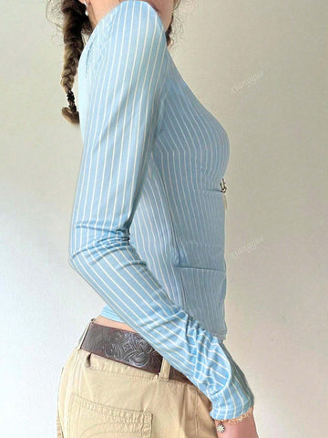 Striped Print Front Button Slim Fit Long Sleeve Shirt