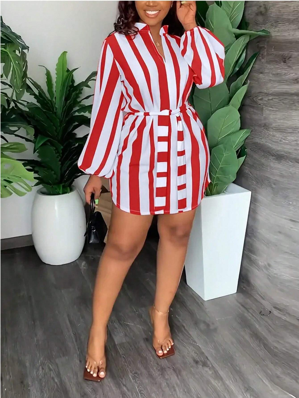 Striped Print Lantern Sleeve Simple Short Dress, Casual For Daily Wear