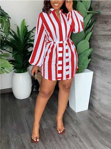 Striped Print Lantern Sleeve Simple Short Dress, Casual For Daily Wear