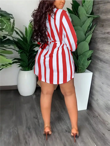 Striped Print Lantern Sleeve Simple Short Dress, Casual For Daily Wear