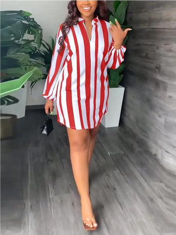 Striped Print Lantern Sleeve Simple Short Dress, Casual For Daily Wear