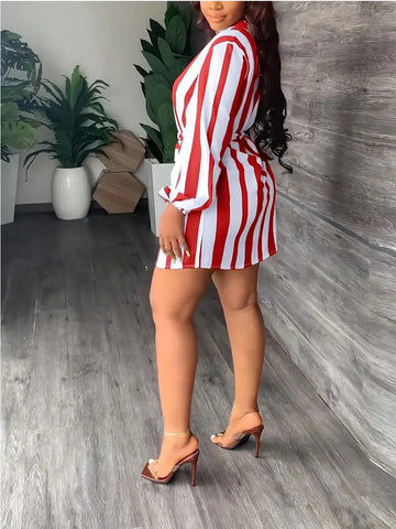 Striped Print Lantern Sleeve Simple Short Dress, Casual For Daily Wear