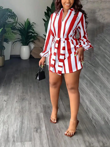 Striped Print Lantern Sleeve Simple Short Dress, Casual For Daily Wear