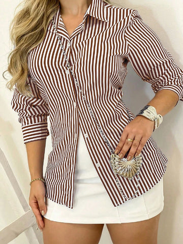 Striped Roll Up Sleeve Shirt Dress Button Front Long Sleeve Casual Dresses With Pockets