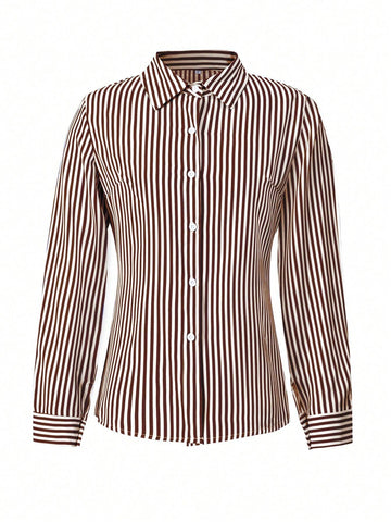 Striped Roll Up Sleeve Shirt Dress Button Front Long Sleeve Casual Dresses With Pockets