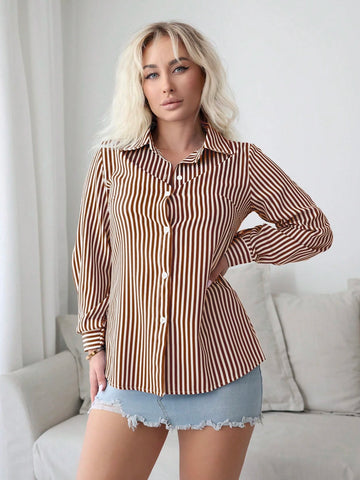 Striped Roll Up Sleeve Shirt Dress Button Front Long Sleeve Casual Dresses With Pockets