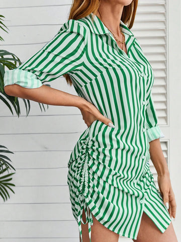 Striped Side Drawstring Casual Shirt Skirt, Waist Cinched Knee Length Short Skirt