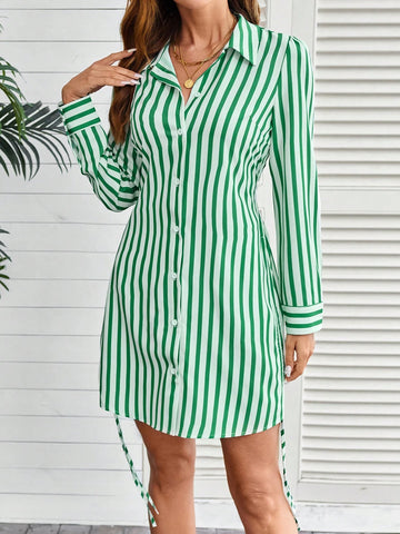 Striped Side Drawstring Casual Shirt Skirt, Waist Cinched Knee Length Short Skirt