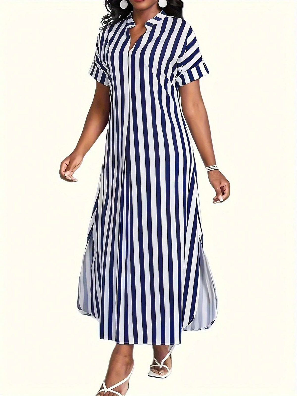 Striped Split Side Notched Short Sleeve Dress
