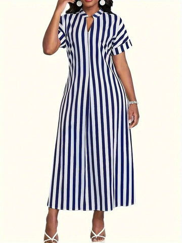 Striped Split Side Notched Short Sleeve Dress