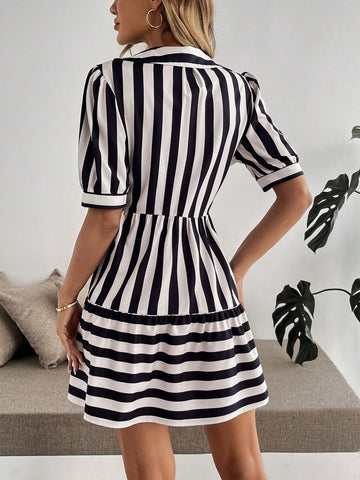 Striped V-Neck Puff Sleeve Tie-Waist Short Dress