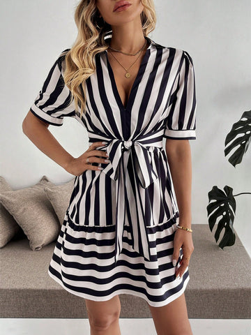 Striped V-Neck Puff Sleeve Tie-Waist Short Dress