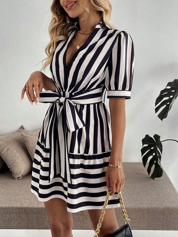 Striped V-Neck Puff Sleeve Tie-Waist Short Dress