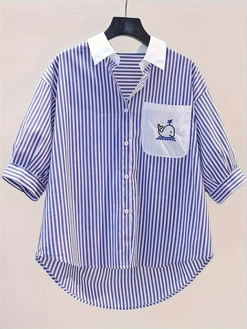 Striped & Cartoon Graphic High Low Shirt For Summer