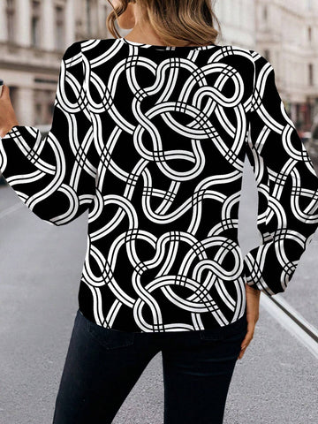 Minimalist Line Abstract Black & White Print Women Blouse, Suitable For Spring & Autumn