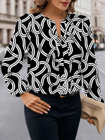 Minimalist Line Abstract Black & White Print Women Blouse, Suitable For Spring & Autumn