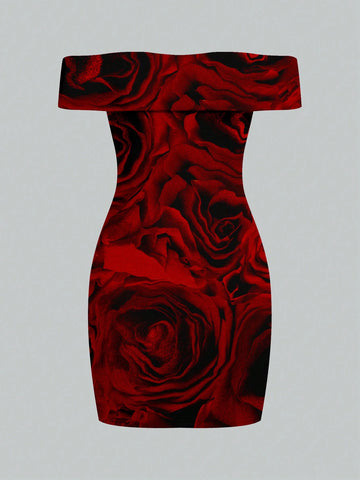 Studio sunshine Red Rose Floral Tie Dye Party Dress, Off Shoulder Fitted Silhouette, Suitable For All Seasons