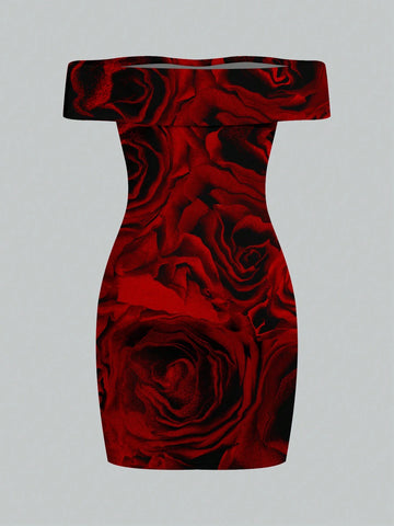 Studio sunshine Red Rose Floral Tie Dye Party Dress, Off Shoulder Fitted Silhouette, Suitable For All Seasons