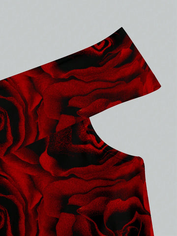 Studio sunshine Red Rose Floral Tie Dye Party Dress, Off Shoulder Fitted Silhouette, Suitable For All Seasons