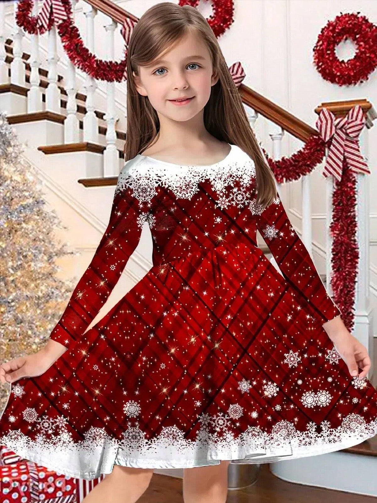Stunning Plaid & Snowflake Print Long Sleeve Christmas Dress