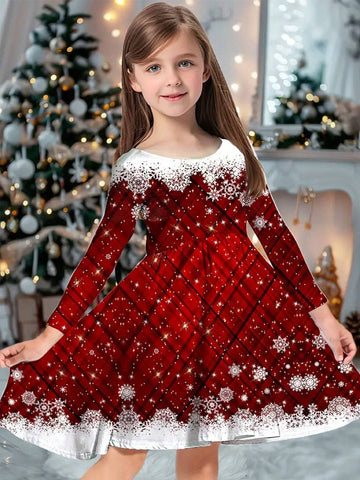 Stunning Plaid & Snowflake Print Long Sleeve Christmas Dress