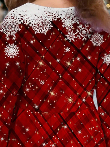 Stunning Plaid & Snowflake Print Long Sleeve Christmas Dress