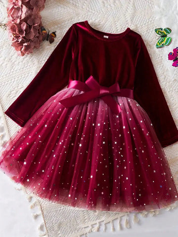 Stylish And Elegant Long Sleeve Star Pattern Velvet Mesh Dress For Girls With Belt, Suitable For Fall And Winter Proms And Parties