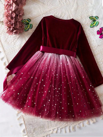 Stylish And Elegant Long Sleeve Star Pattern Velvet Mesh Dress For Girls With Belt, Suitable For Fall And Winter Proms And Parties